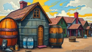 A 'For Sale' sign in front of a barrel house with the tagline 'Aged to Perfection'.