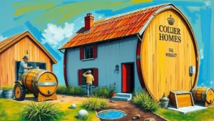 Satirical cartoon of a crooked house made from whiskey barrels in Western Australia.