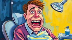 Close-up of dental tools and equipment on a tray under bright examination lights.