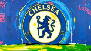 Satirical image of Chelsea's transfer policy as a frantic shopping spree Chelsea FC panic buying players, transfer policy satire, spending over strategy