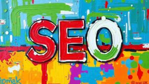 Satirical illustration of marketers drowning in alphabet soup of SEO-related acronyms.