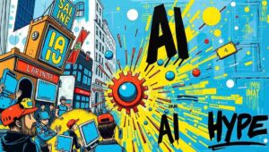 Satirical graph showing the peak of inflated expectations in AI technology hype.