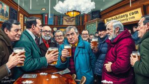 Inside a British pub after a storm, patrons with soaked coats argue silently over pints, competing to look the most weather-hardened.