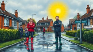 A post-storm British cul-de-sac where one perfectly dry neighbour in wellies looks morally superior while others stand soaked and resentful.