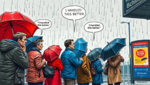 British commuters at a bus stop with inside-out umbrellas, each glaring sideways with the shared belief they handled the storm better than everyone else.