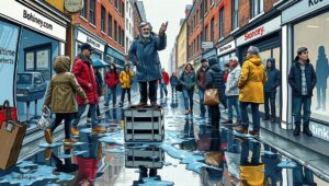 A damp British street after a storm where one soaked pedestrian stands elevated and smug, lecturing others while puddles reflect wet coats and quiet judgment.