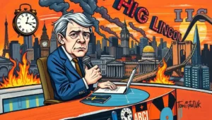 A BBC news presenter in a studio, embodying the trademark calm and composure critiqued in the article.