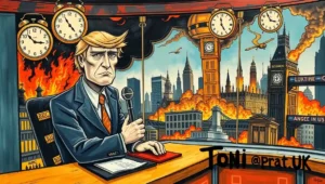 A comparison image: chaotic news footage beside a calm, orderly BBC graphic with a 'tasteful arrow'.