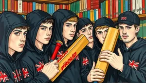 Confused customers looking at protesters blocking shelves in a bookstore aisle.