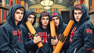 Police officers negotiating with a group of protesters inside a large bookshop.