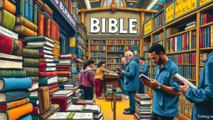 Young adults browsing Bibles and religious books in a store.