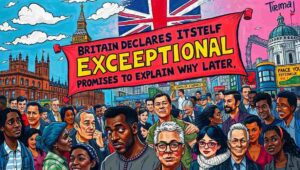 Satirical British exceptionalism announcement, political humour and national identity