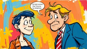 A cartoon of a Briton politely giving advice to an American, representing the section where Britain 'explains the future' while queueing.