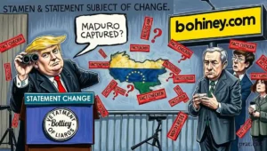 A laptop screen showing a chaotic Twitter/X feed with hot takes and arguments about the Venezuela crisis. A computer screen displays a frenetic social media feed filled with arguments and hot takes about Venezuela, representing the 'discourse' cited as Britain's true war contribution.