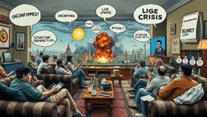 A person watches news of Venezuela on a television from a comfortable, detached domestic setting in the UK. A person watches TV news coverage of explosions abroad from the safety of a British living room, symbolizing the nation's curated, detached consumption of foreign crises.