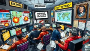 A chaotic British tabloid front page with bold red headlines about 'CHAOS' and 'BLASTS' in Venezuela. A sensationalist tabloid newspaper front page with the word 'CHAOS' in giant letters, illustrating the hyperbolic coverage described in the 'Tabloids' section.