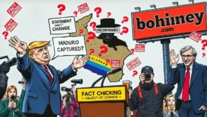 A newspaper front page about Venezuela is being replaced by a new headline about a minor royal scandal. A newspaper's 'Venezuela Crisis' headline is half-covered by a new tabloid story about a royal, representing the inevitable media fade-out described at the article's conclusion.