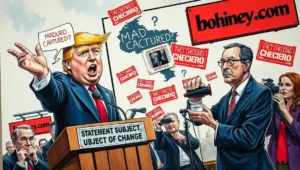 A split-screen image showing an explosion in Caracas next to a large photo of Donald Trump on a news broadcast. A TV news broadcast shows footage of Venezuela alongside a prominent image of Donald Trump, highlighting the article's point that Trump, not Venezuela, is the real focus of British coverage.