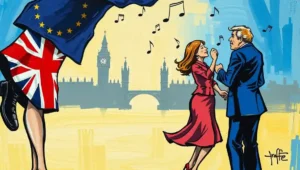 Political cartoon depicting Brexit as a man sawing off the tree branch he is sitting on, representing economic self-harm.