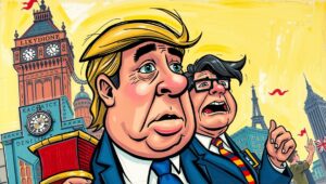 A cartoon depicting a British billionaire fleeing by private jet to Monaco in response to a proposed wealth tax.