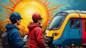 A crowded platform of frustrated commuters looking at a delayed train information board. A group of stranded, frustrated passengers on a station platform checking delay information.