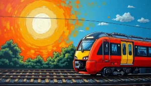 A close-up of autumn leaves covering a railway track, causing delays. A pile of wet autumn leaves covering train tracks, illustrating the annual 'leaves on the line' disruption.