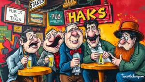 Satirical illustration of a bookstore morphing into a pub with wine glasses among bookshelves.