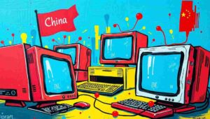 Conceptual image of vast Chinese data centers and factories scaling AI versus US debate stages.