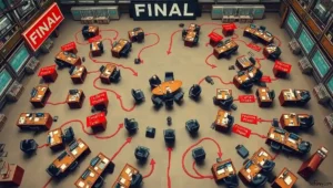 Gold-lettered banner reading 'DELIVERING THE FINAL PHASE' hanging in an office.