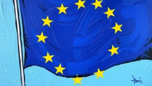 A map of Greenland with both American and European flags in the background, representing the territorial dispute. A map of Greenland visually represents the geopolitical tension between American ambition and European/Danish sovereignty.