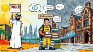 Satirical image: Emirati official in traditional dress holding large red DANGER sign with university icons