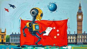 A global map with highlighted data flows and connections between Europe, the United States, and China.