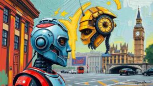 EU policymakers in a conference room, looking at a complex strategic presentation on a screen.