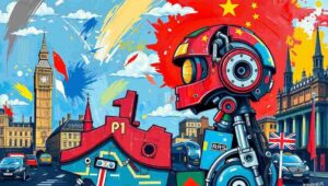 A composite image of the European Union flag overlaid with digital circuit boards and binary code.