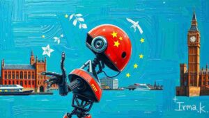 A tall stack of printed European Union reports, directives, and white papers on artificial intelligence.