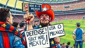 England fans in a US stadium looking confused by American cheerleaders and ads during a match. England supporters in the USA looking bewildered by halftime entertainment and commercial breaks.