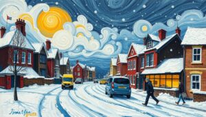 Abstract acrylic painting depicting the chaotic energy of a winter storm.