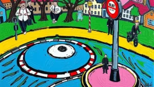 Satirical map illustration of a political 'road to progress' looping in circles.