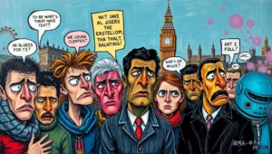 Satirical artwork showing two robots arguing over a scroll of text labeled 'prompt'.