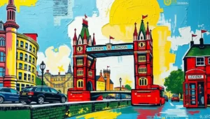 Busy London street scene with people commuting and going about daily life.