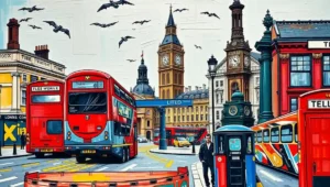 Sunset view of the London skyline with the Shard and financial district.