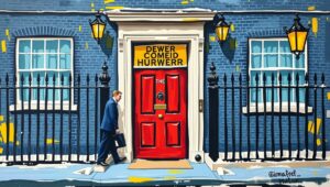 Piles of documents labelled 'Review In Progress' on a government desk.