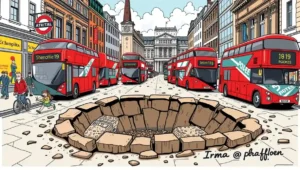 Close-up photo of a severe pothole with a red traffic light symbol hovering above it.