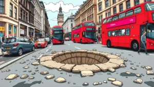 Cartoon of a car dramatically swerving to avoid a large pothole on a British road.