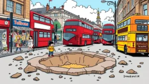 Satirical infographic showing a traffic light rating system for UK potholes.