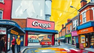 Greggs Announces National Sovereignty, Applies for UN Membership Bakery Chain (1) The exterior of a brightly lit Greggs bakery shop on a typical British high street.