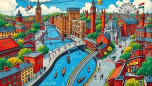 Concept art of Hyde Park transformed into a giant, colorful bouncy castle.