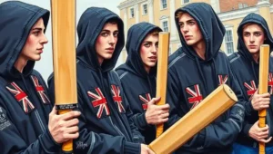 Police officers attempting to clear a group of disorganized folk dance protesters.