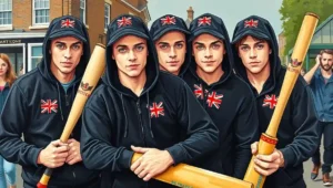 Protesters attempting Morris dance moves while blocking traffic on a London street.