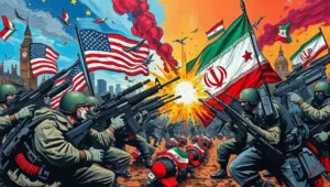 Split image of Iranian protesters facing security forces vs. officials giving press conferences.